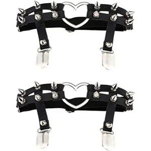 𝅺GOTHIC Black Heart Studded Garters Leather Leg Ring Elastic Punk AdjustableNWT